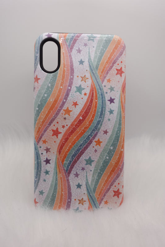 Phone case with colorful wavy pattern and star designs on a light gray background