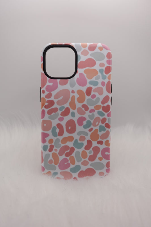 Phone case with colorful abstract pattern on a light gray background